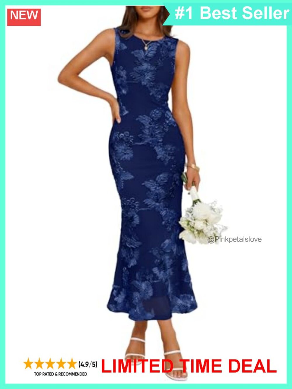 Floral Mesh Bodycon Midi Dress Back Slit Sleeveless Cocktail Wedding Guest